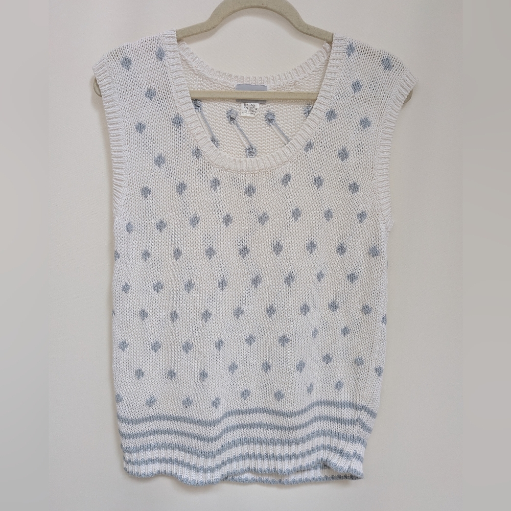 VTG JH Collectibles White Blue Polka Dot Cotton Linen Sweater Vest Size Medium